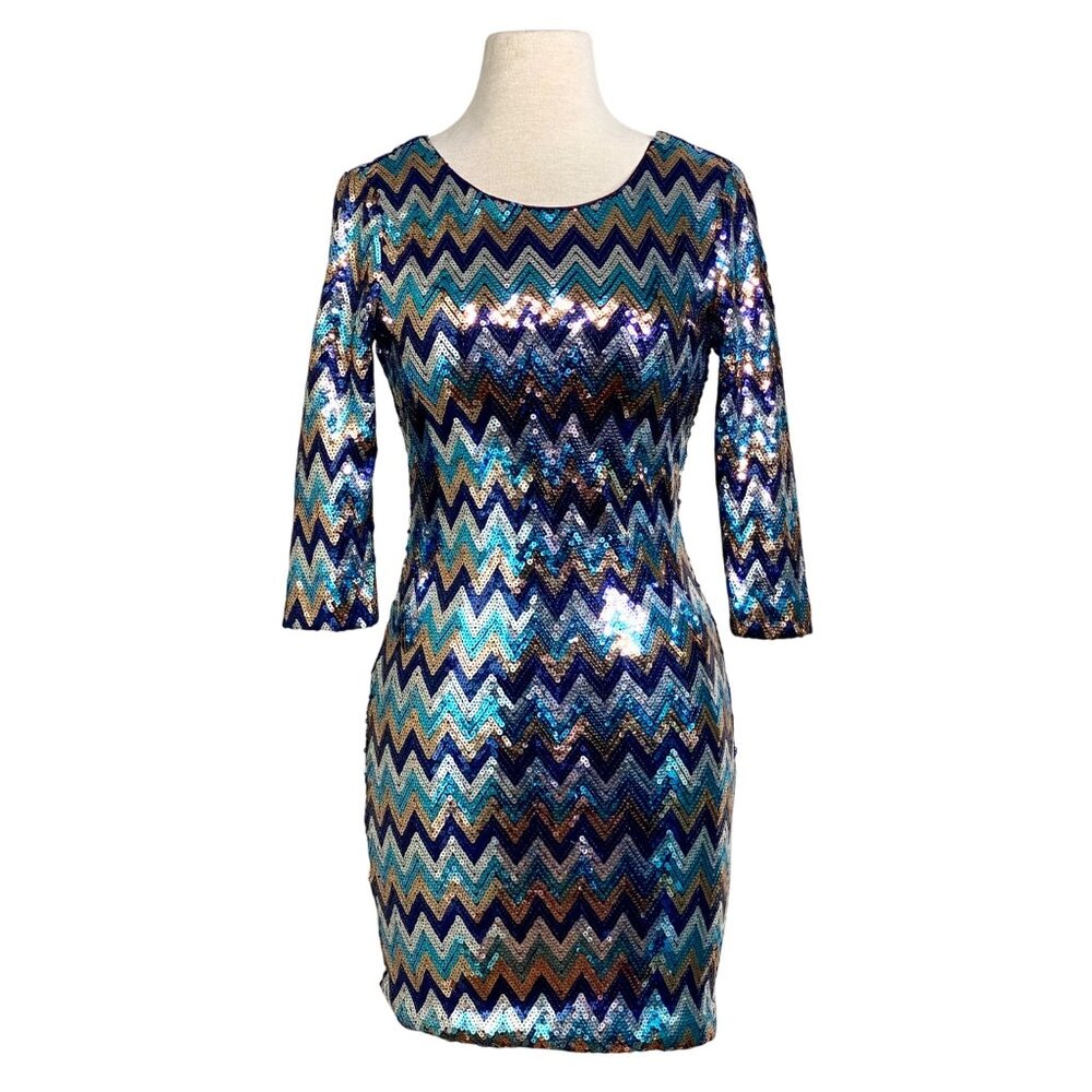 As U Wish Blue Gold Chevron Sequin Bodycon Dress 3/4 Sleeves Scoop Back Size S